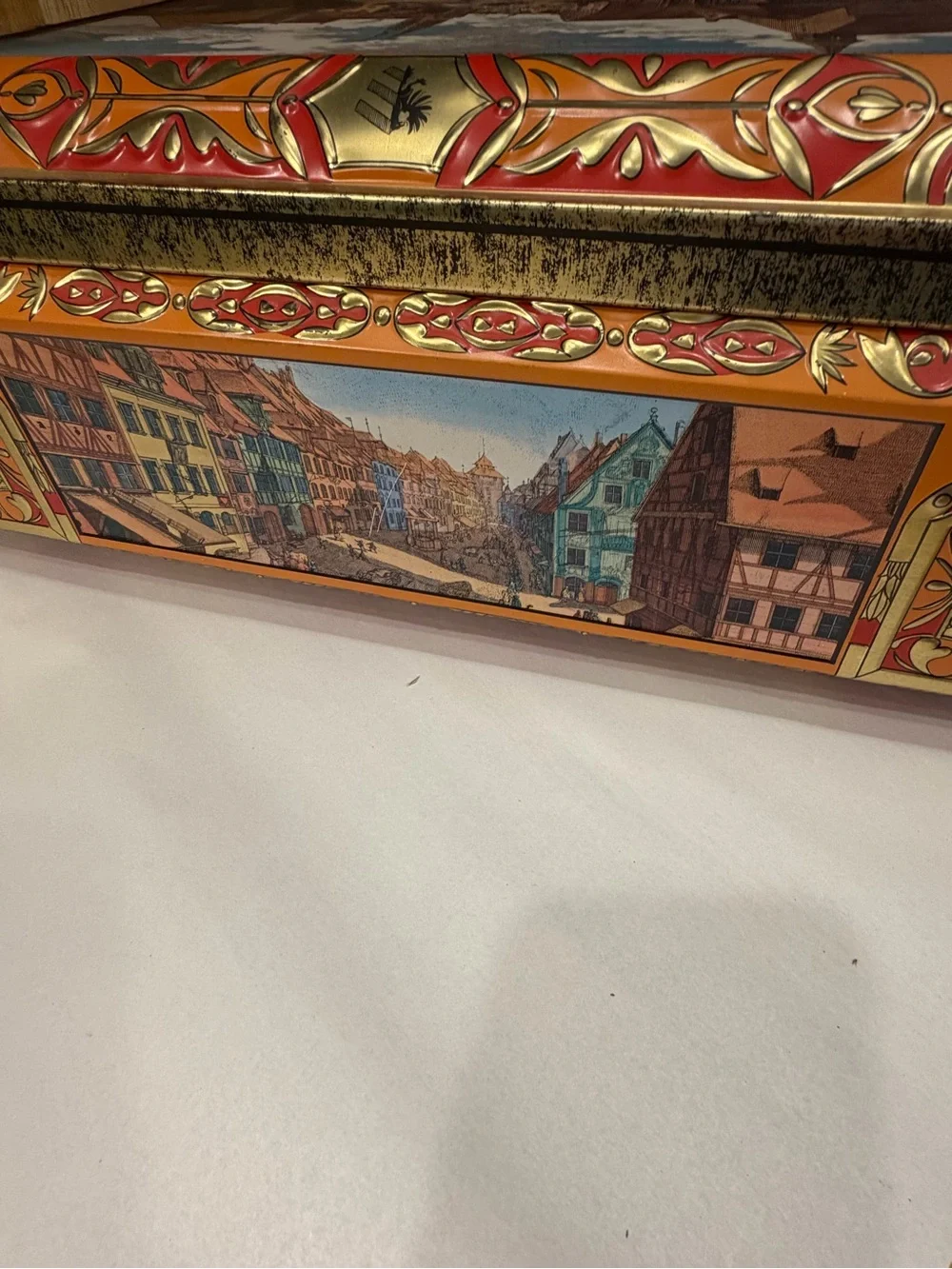 Large Vintage German Tin Bread Box Schmidt Nuremberg Lithograph Scene